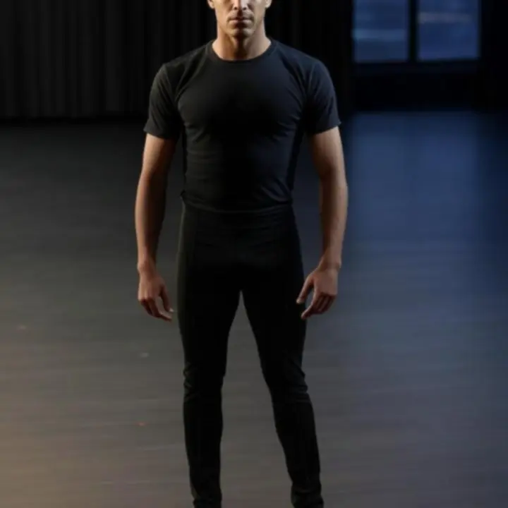 Koreográfus a DanceFlowwStudio színpadán, amint a táncosokat instruálja a fények alatt.