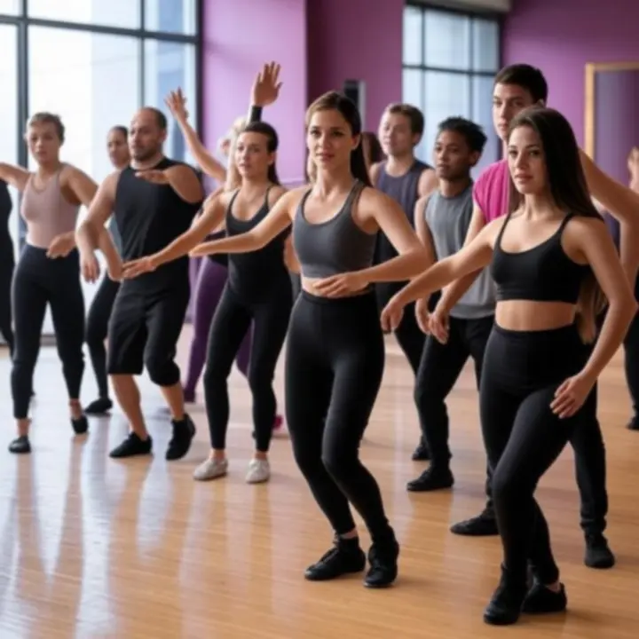 Táncóra pillanatkép, különböző stílusokat gyakorló csoport a DanceFlowwStudio termében.