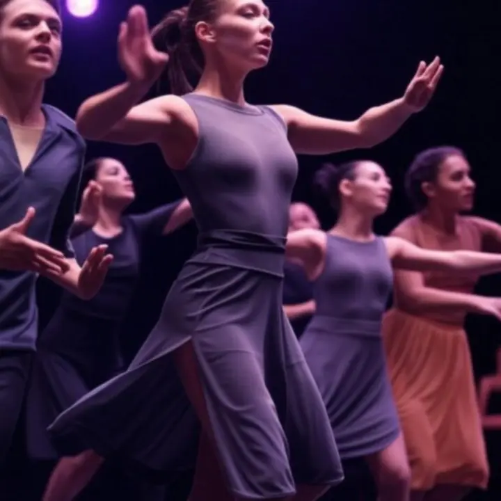 Lendületes táncelőadás fényekkel megvilágított színpadon a DanceFlowwStudio táncosaival.