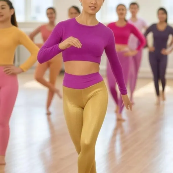 Oktató lendületes mozdulattal vezeti a csoportot egy táncórán a DanceFlowwStudio-ban.