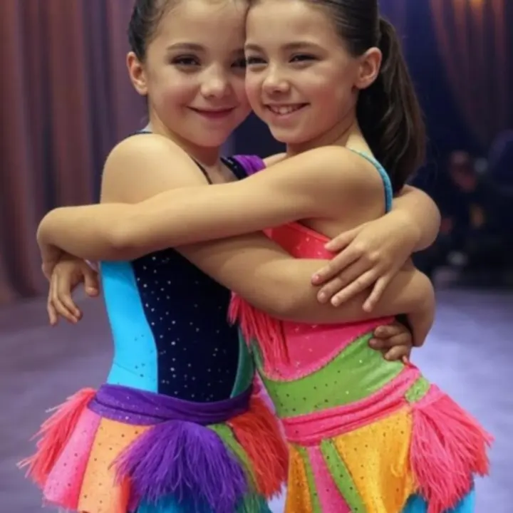 Táncosok ölelkeznek egy fellépés után, megosztva az öröm pillanatát